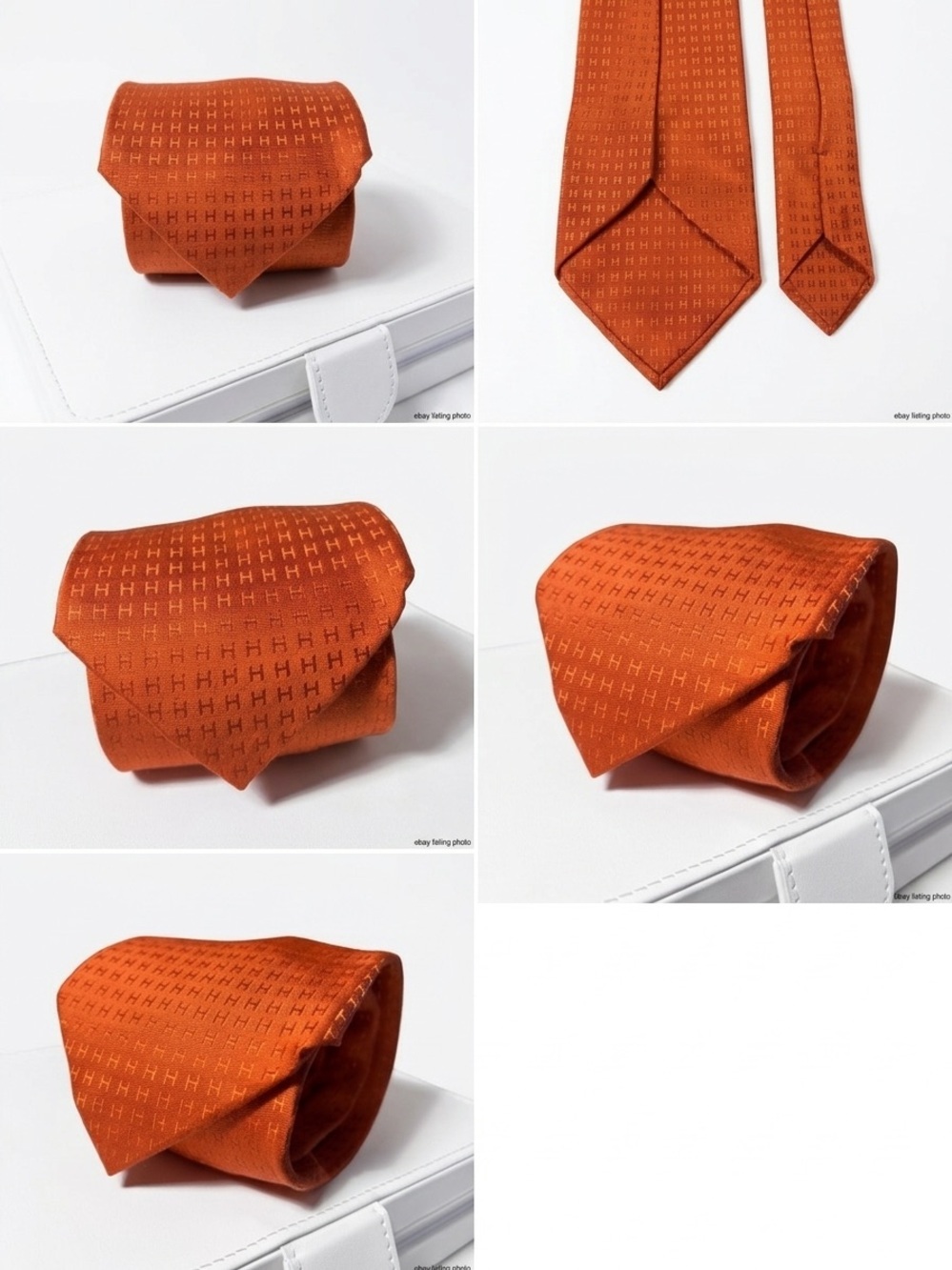 Hermes Neiman Marcus Burnt Orange Silk Tie with Woven H Motif - Picture 4 of 16
